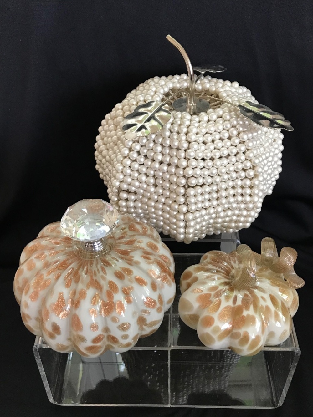 Art Glass Pumpkins and Faux Pearl Candle Holder